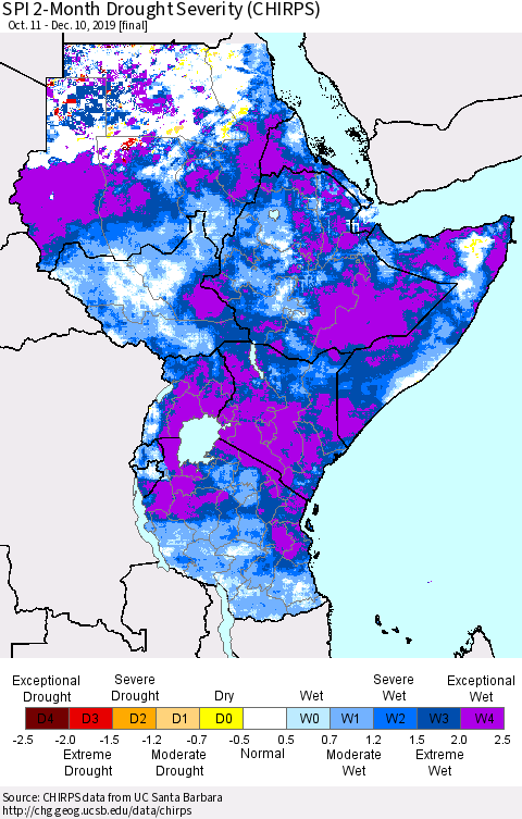 Eastern Africa SPI 2-Month Drought Severity (CHIRPS) Thematic Map For 10/11/2019 - 12/10/2019