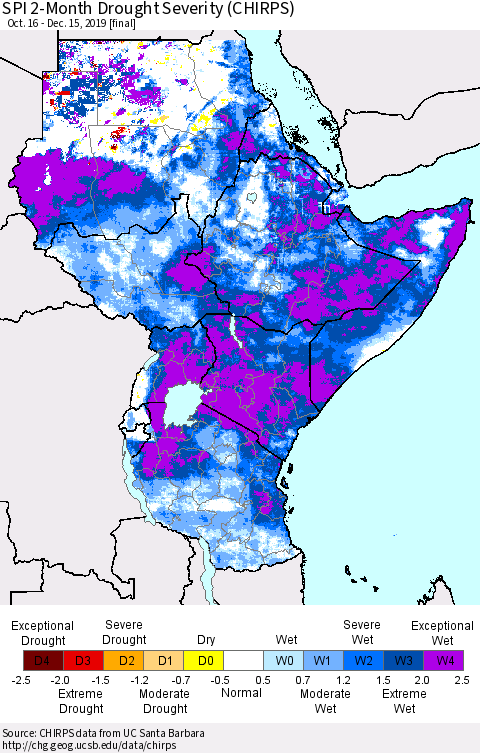 Eastern Africa SPI 2-Month Drought Severity (CHIRPS) Thematic Map For 10/16/2019 - 12/15/2019