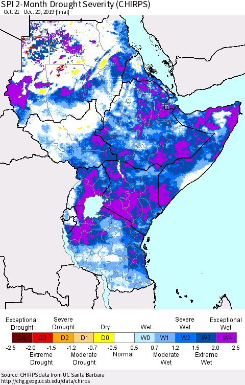 Eastern Africa SPI 2-Month Drought Severity (CHIRPS) Thematic Map For 10/21/2019 - 12/20/2019