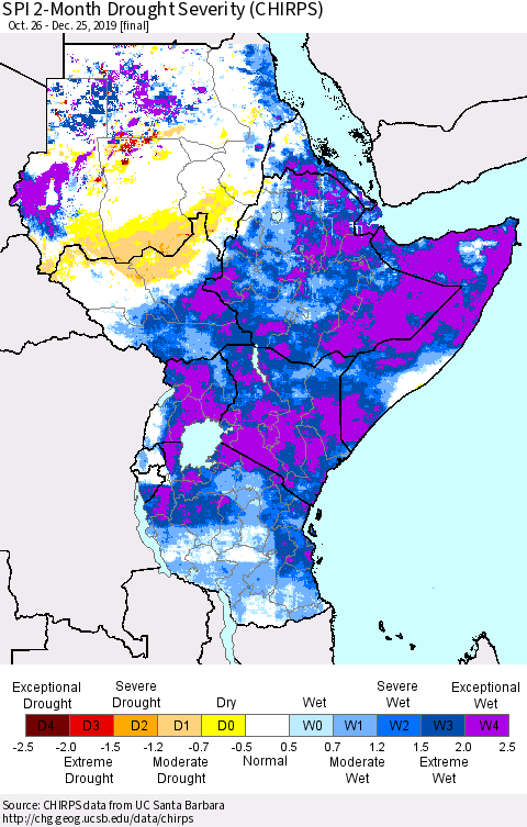 Eastern Africa SPI 2-Month Drought Severity (CHIRPS) Thematic Map For 10/26/2019 - 12/25/2019