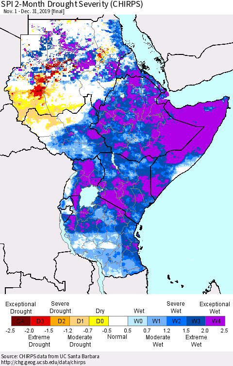 Eastern Africa SPI 2-Month Drought Severity (CHIRPS) Thematic Map For 11/1/2019 - 12/31/2019