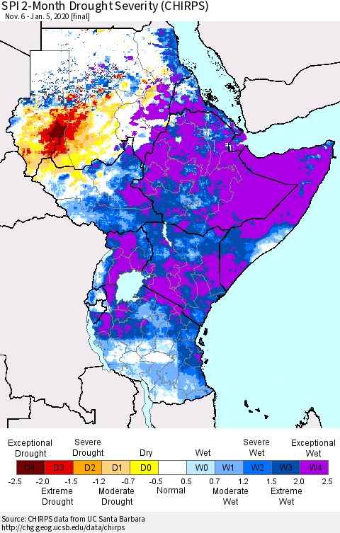 Eastern Africa SPI 2-Month Drought Severity (CHIRPS) Thematic Map For 11/6/2019 - 1/5/2020