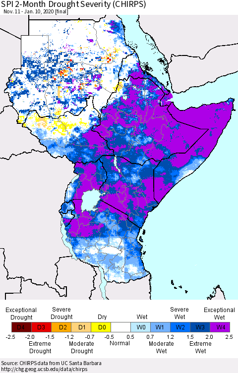 Eastern Africa SPI 2-Month Drought Severity (CHIRPS) Thematic Map For 11/11/2019 - 1/10/2020