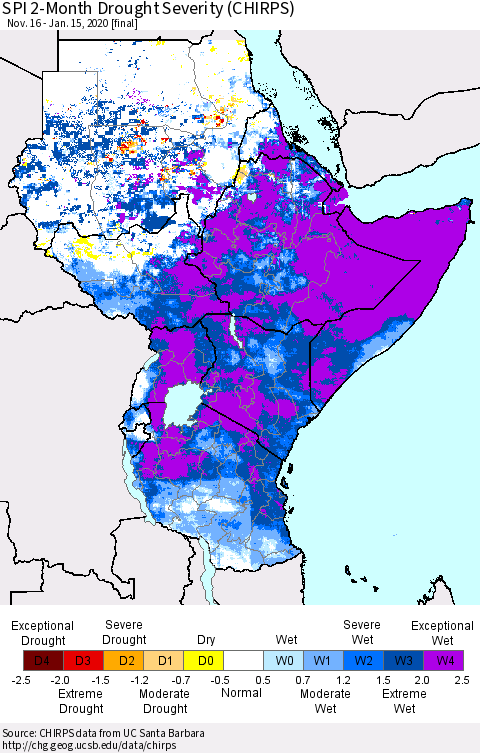 Eastern Africa SPI 2-Month Drought Severity (CHIRPS) Thematic Map For 11/16/2019 - 1/15/2020