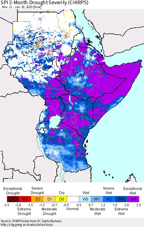 Eastern Africa SPI 2-Month Drought Severity (CHIRPS) Thematic Map For 11/21/2019 - 1/20/2020