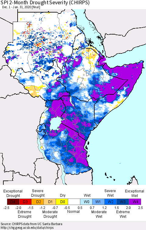 Eastern Africa SPI 2-Month Drought Severity (CHIRPS) Thematic Map For 12/1/2019 - 1/31/2020