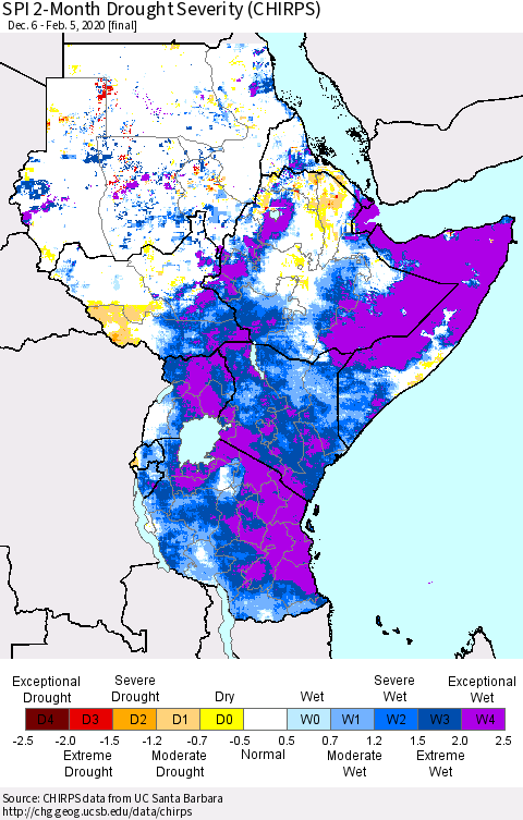 Eastern Africa SPI 2-Month Drought Severity (CHIRPS) Thematic Map For 12/6/2019 - 2/5/2020