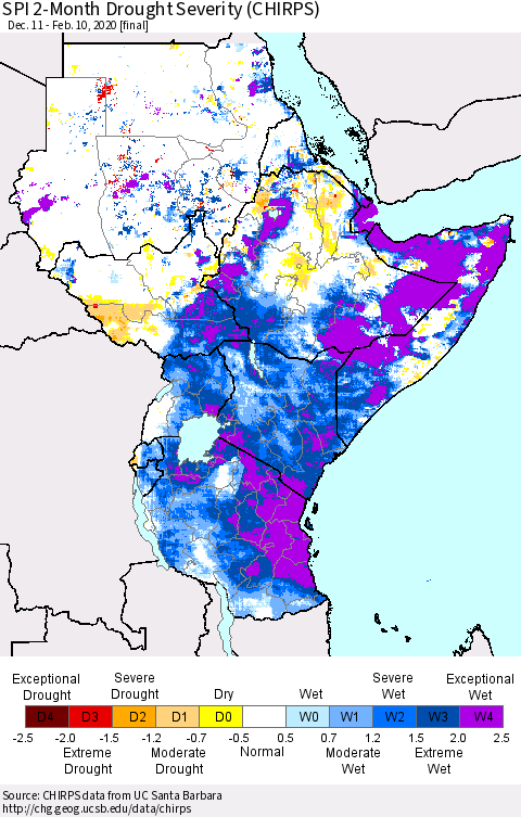 Eastern Africa SPI 2-Month Drought Severity (CHIRPS) Thematic Map For 12/11/2019 - 2/10/2020