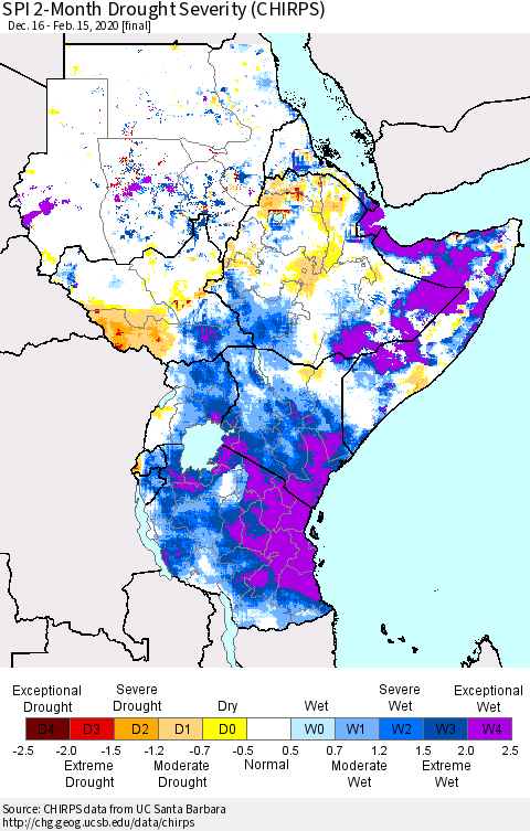 Eastern Africa SPI 2-Month Drought Severity (CHIRPS) Thematic Map For 12/16/2019 - 2/15/2020