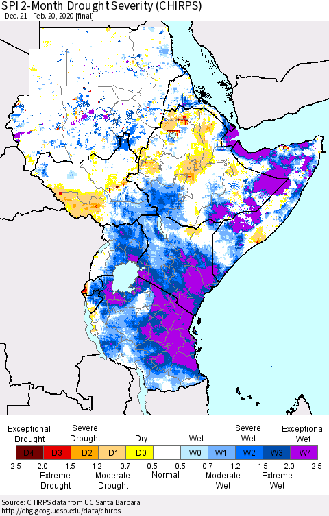 Eastern Africa SPI 2-Month Drought Severity (CHIRPS) Thematic Map For 12/21/2019 - 2/20/2020