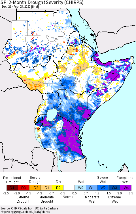 Eastern Africa SPI 2-Month Drought Severity (CHIRPS) Thematic Map For 12/26/2019 - 2/25/2020