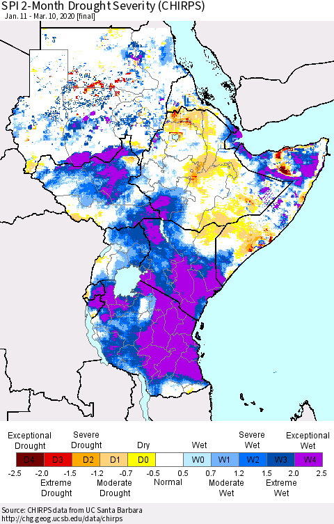 Eastern Africa SPI 2-Month Drought Severity (CHIRPS) Thematic Map For 1/11/2020 - 3/10/2020