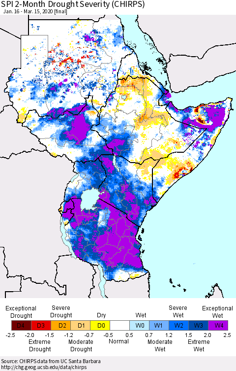 Eastern Africa SPI 2-Month Drought Severity (CHIRPS) Thematic Map For 1/16/2020 - 3/15/2020