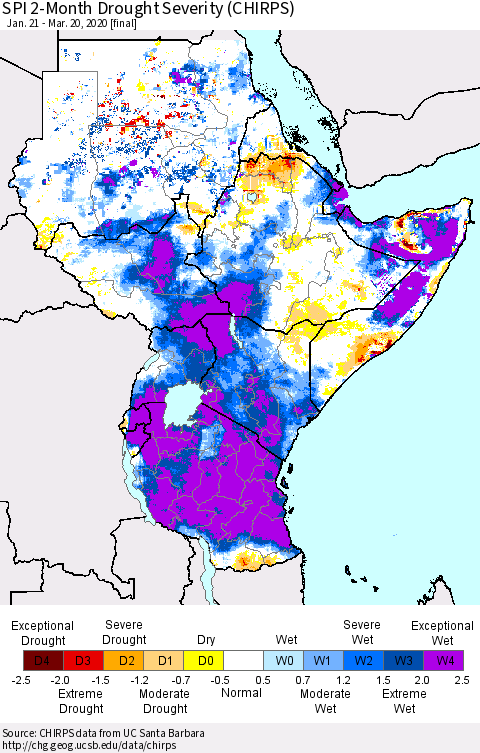 Eastern Africa SPI 2-Month Drought Severity (CHIRPS) Thematic Map For 1/21/2020 - 3/20/2020