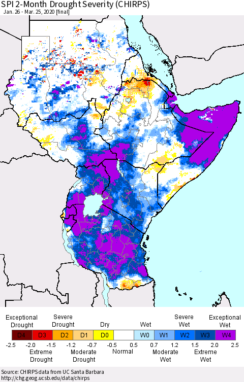 Eastern Africa SPI 2-Month Drought Severity (CHIRPS) Thematic Map For 1/26/2020 - 3/25/2020
