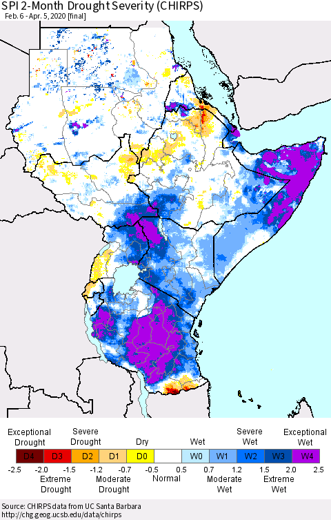 Eastern Africa SPI 2-Month Drought Severity (CHIRPS) Thematic Map For 2/6/2020 - 4/5/2020