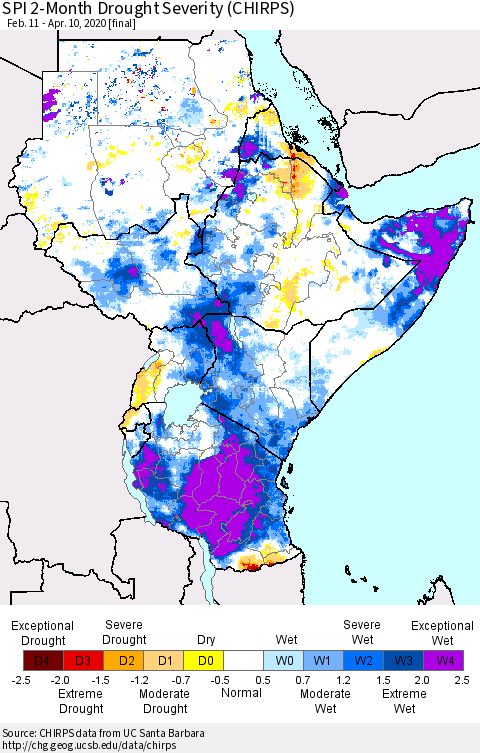 Eastern Africa SPI 2-Month Drought Severity (CHIRPS) Thematic Map For 2/11/2020 - 4/10/2020