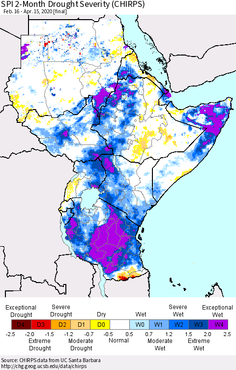 Eastern Africa SPI 2-Month Drought Severity (CHIRPS) Thematic Map For 2/16/2020 - 4/15/2020