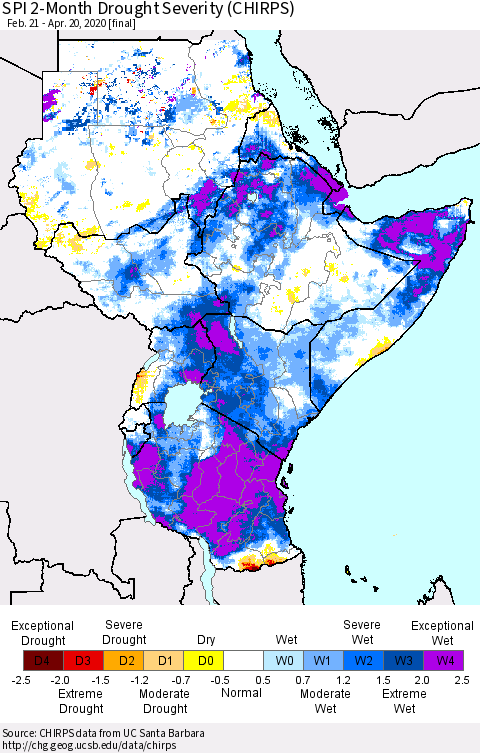 Eastern Africa SPI 2-Month Drought Severity (CHIRPS) Thematic Map For 2/21/2020 - 4/20/2020