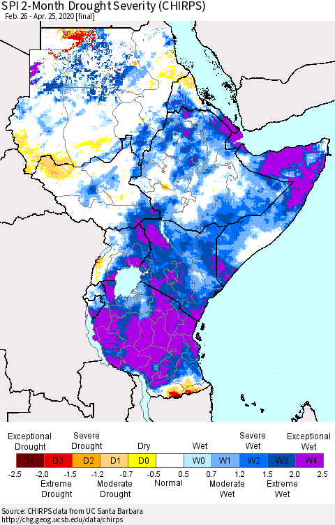 Eastern Africa SPI 2-Month Drought Severity (CHIRPS) Thematic Map For 2/26/2020 - 4/25/2020