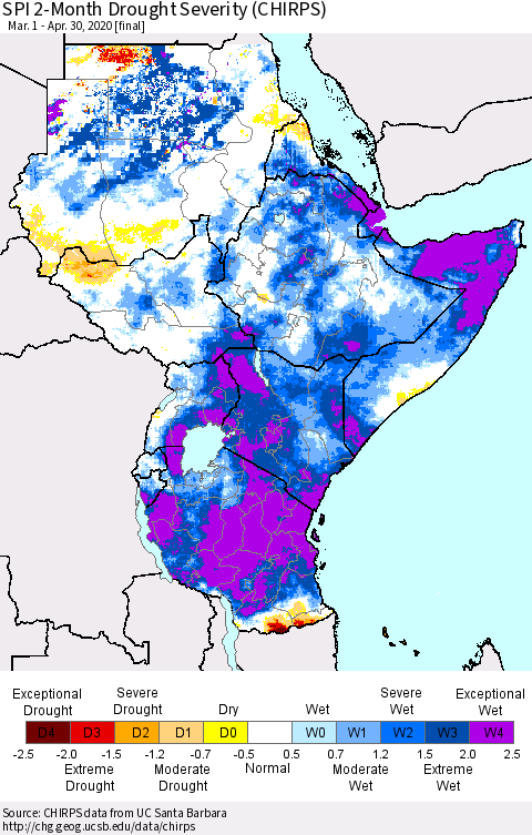 Eastern Africa SPI 2-Month Drought Severity (CHIRPS) Thematic Map For 3/1/2020 - 4/30/2020