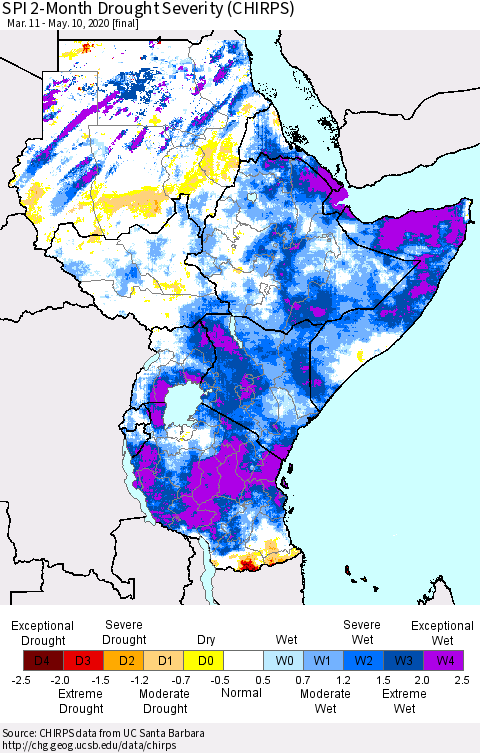 Eastern Africa SPI 2-Month Drought Severity (CHIRPS) Thematic Map For 3/11/2020 - 5/10/2020