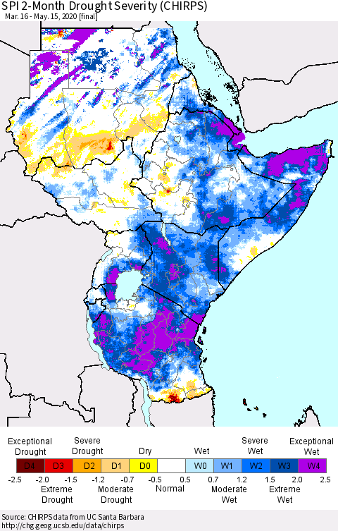 Eastern Africa SPI 2-Month Drought Severity (CHIRPS) Thematic Map For 3/16/2020 - 5/15/2020