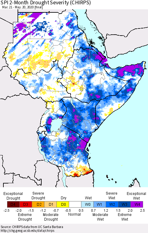 Eastern Africa SPI 2-Month Drought Severity (CHIRPS) Thematic Map For 3/21/2020 - 5/20/2020