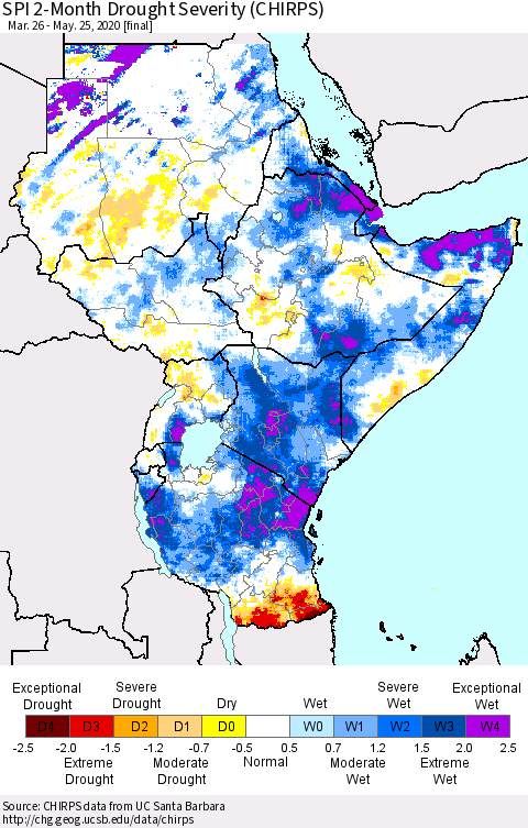 Eastern Africa SPI 2-Month Drought Severity (CHIRPS) Thematic Map For 3/26/2020 - 5/25/2020