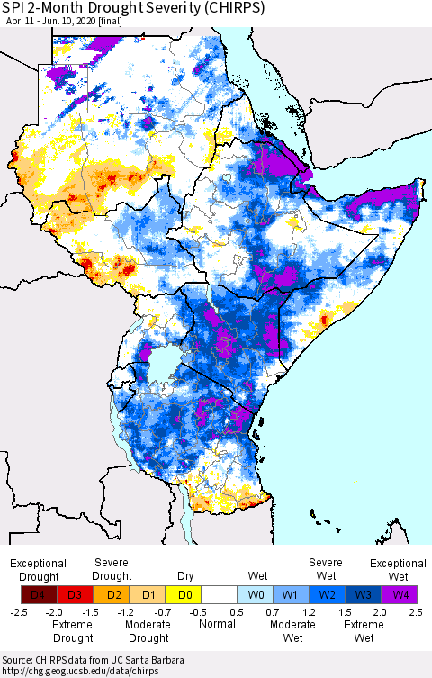 Eastern Africa SPI 2-Month Drought Severity (CHIRPS) Thematic Map For 4/11/2020 - 6/10/2020