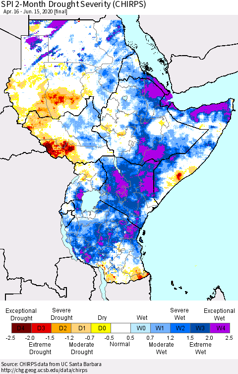 Eastern Africa SPI 2-Month Drought Severity (CHIRPS) Thematic Map For 4/16/2020 - 6/15/2020