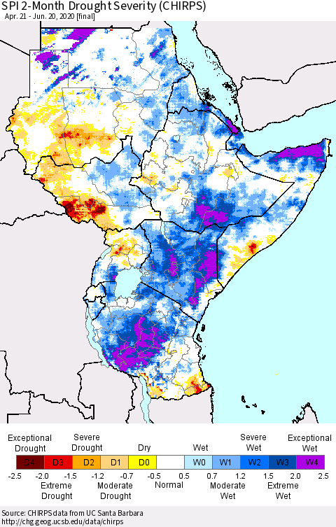 Eastern Africa SPI 2-Month Drought Severity (CHIRPS) Thematic Map For 4/21/2020 - 6/20/2020