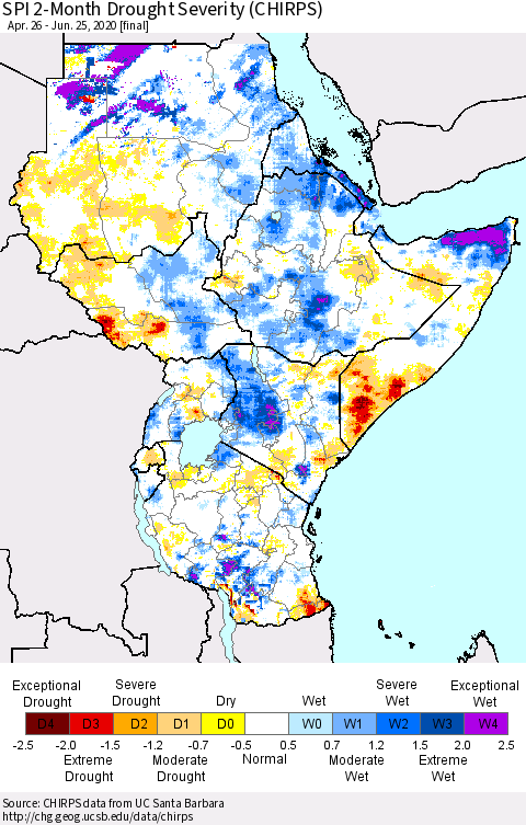Eastern Africa SPI 2-Month Drought Severity (CHIRPS) Thematic Map For 4/26/2020 - 6/25/2020