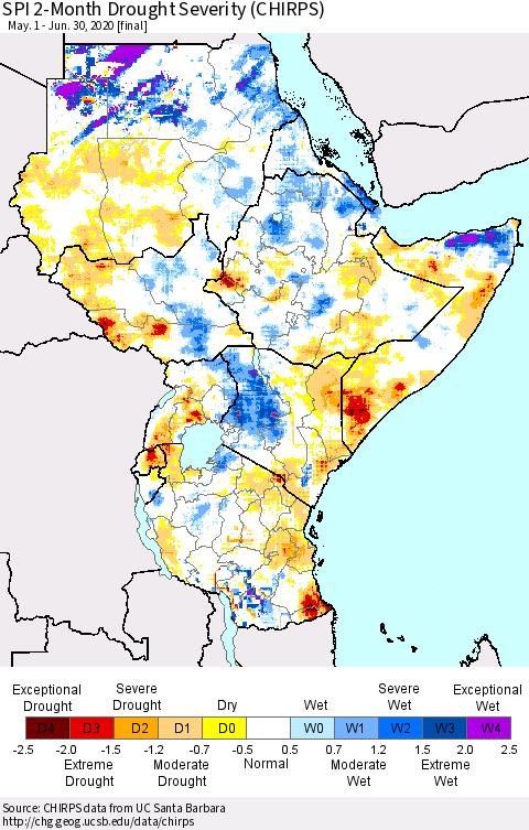 Eastern Africa SPI 2-Month Drought Severity (CHIRPS) Thematic Map For 5/1/2020 - 6/30/2020
