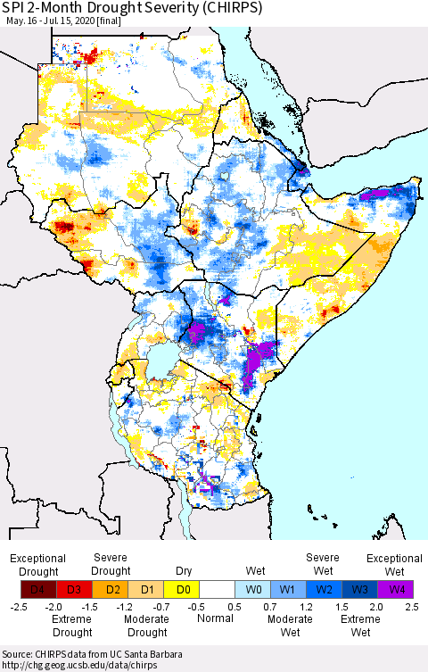 Eastern Africa SPI 2-Month Drought Severity (CHIRPS) Thematic Map For 5/16/2020 - 7/15/2020