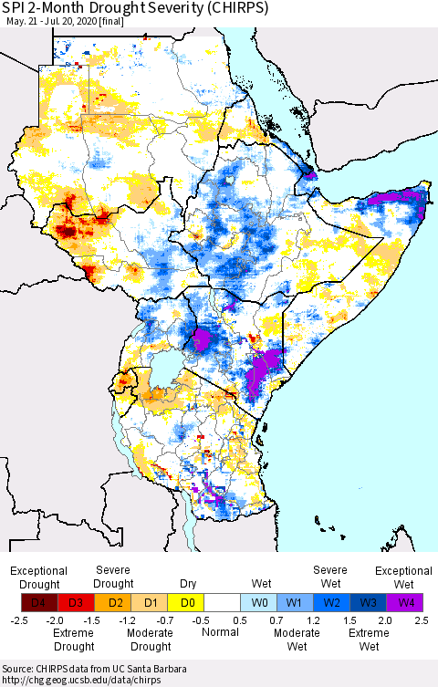 Eastern Africa SPI 2-Month Drought Severity (CHIRPS) Thematic Map For 5/21/2020 - 7/20/2020