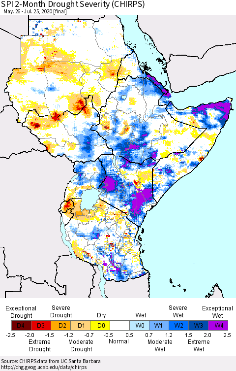 Eastern Africa SPI 2-Month Drought Severity (CHIRPS) Thematic Map For 5/26/2020 - 7/25/2020