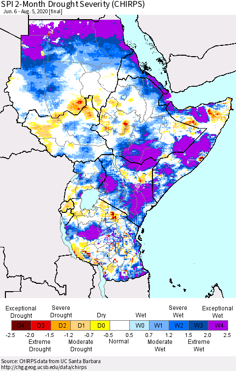 Eastern Africa SPI 2-Month Drought Severity (CHIRPS) Thematic Map For 6/6/2020 - 8/5/2020