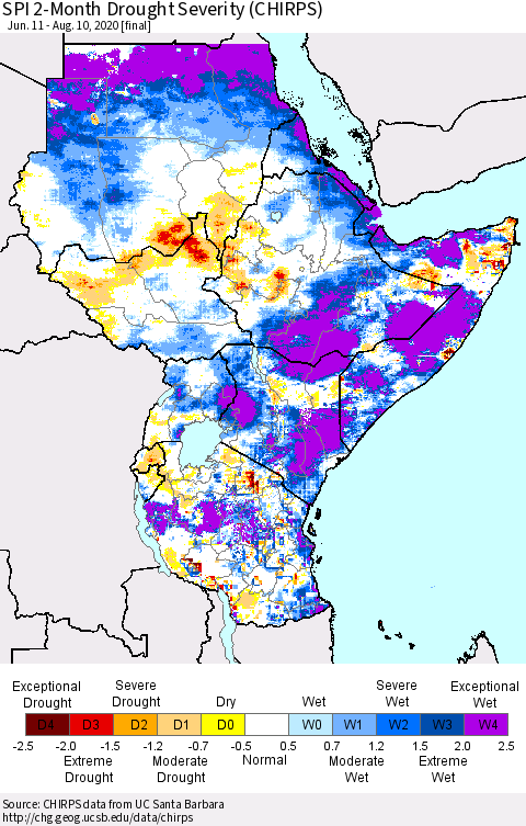 Eastern Africa SPI 2-Month Drought Severity (CHIRPS) Thematic Map For 6/11/2020 - 8/10/2020