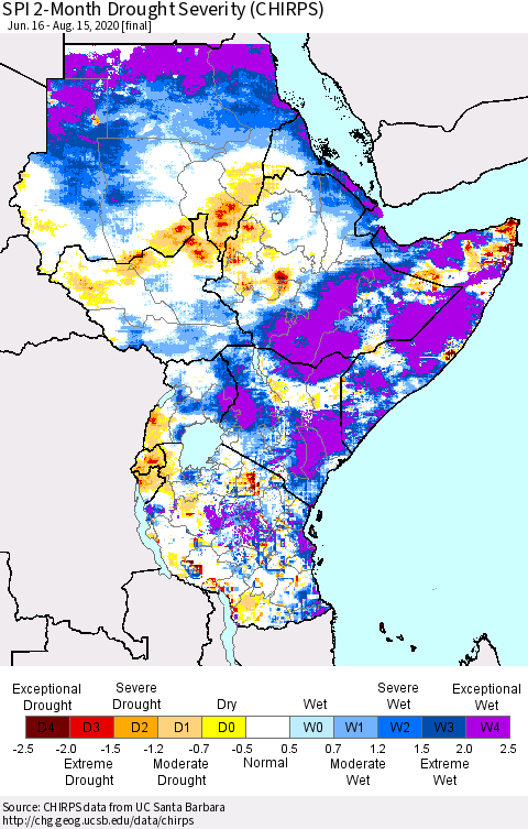 Eastern Africa SPI 2-Month Drought Severity (CHIRPS) Thematic Map For 6/16/2020 - 8/15/2020