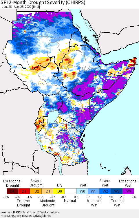 Eastern Africa SPI 2-Month Drought Severity (CHIRPS) Thematic Map For 6/26/2020 - 8/25/2020