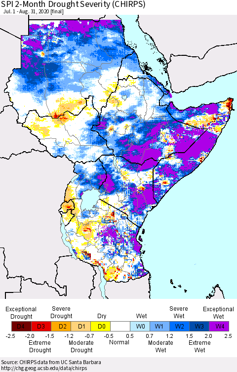 Eastern Africa SPI 2-Month Drought Severity (CHIRPS) Thematic Map For 7/1/2020 - 8/31/2020
