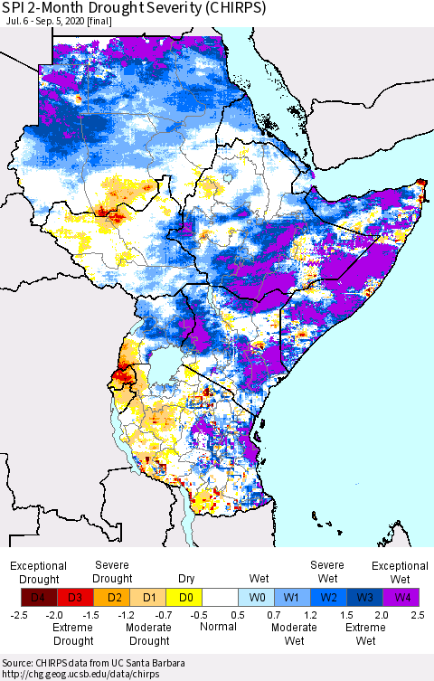 Eastern Africa SPI 2-Month Drought Severity (CHIRPS) Thematic Map For 7/6/2020 - 9/5/2020