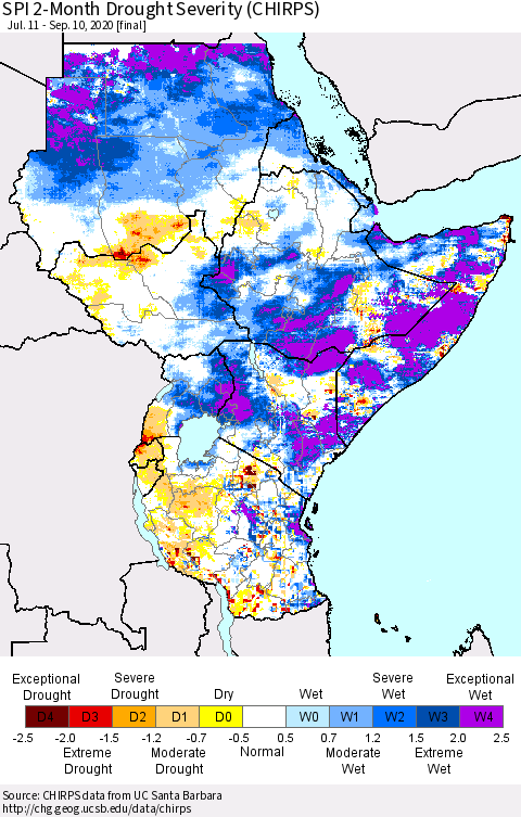 Eastern Africa SPI 2-Month Drought Severity (CHIRPS) Thematic Map For 7/11/2020 - 9/10/2020