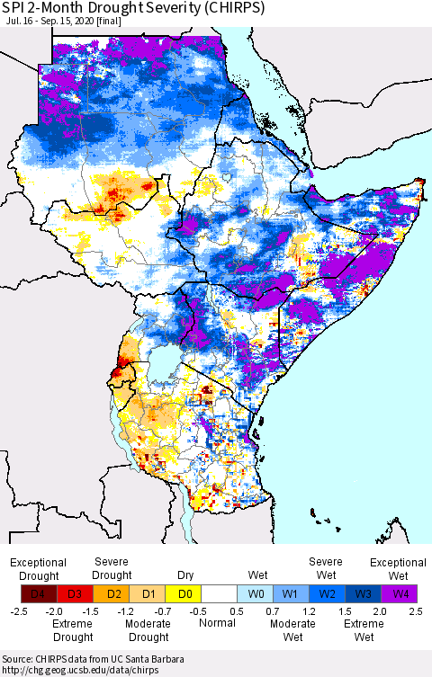 Eastern Africa SPI 2-Month Drought Severity (CHIRPS) Thematic Map For 7/16/2020 - 9/15/2020