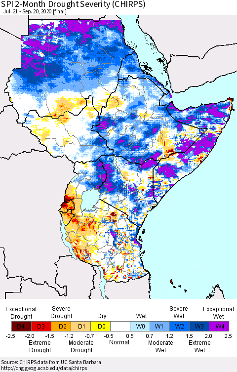 Eastern Africa SPI 2-Month Drought Severity (CHIRPS) Thematic Map For 7/21/2020 - 9/20/2020