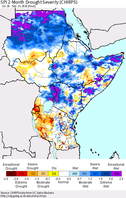 Eastern Africa SPI 2-Month Drought Severity (CHIRPS) Thematic Map For 7/26/2020 - 9/25/2020