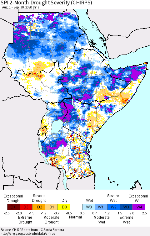 Eastern Africa SPI 2-Month Drought Severity (CHIRPS) Thematic Map For 8/1/2020 - 9/30/2020