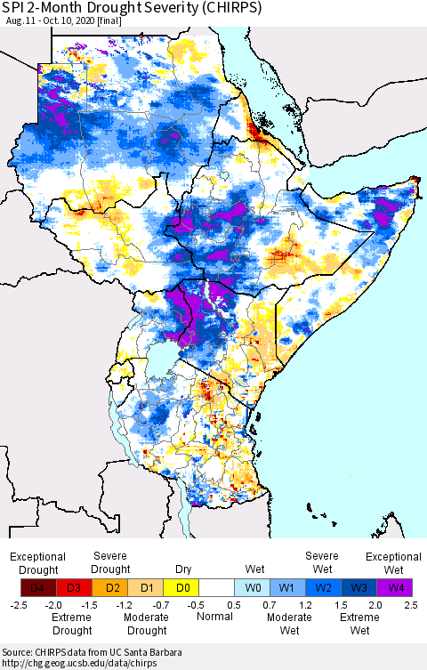 Eastern Africa SPI 2-Month Drought Severity (CHIRPS) Thematic Map For 8/11/2020 - 10/10/2020