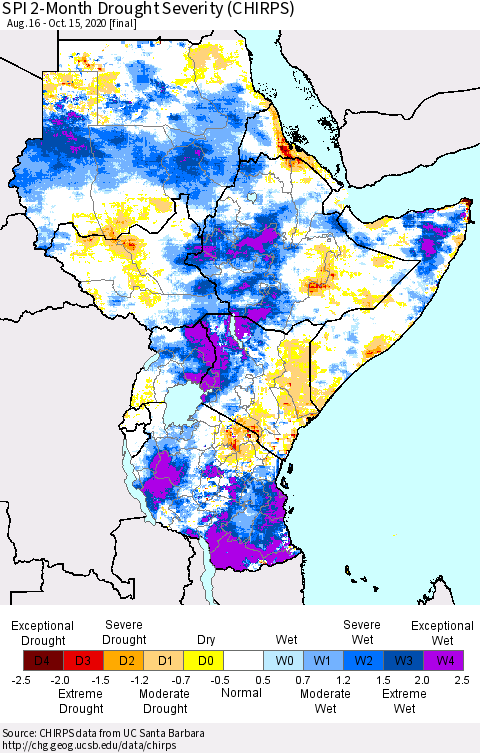 Eastern Africa SPI 2-Month Drought Severity (CHIRPS) Thematic Map For 8/16/2020 - 10/15/2020